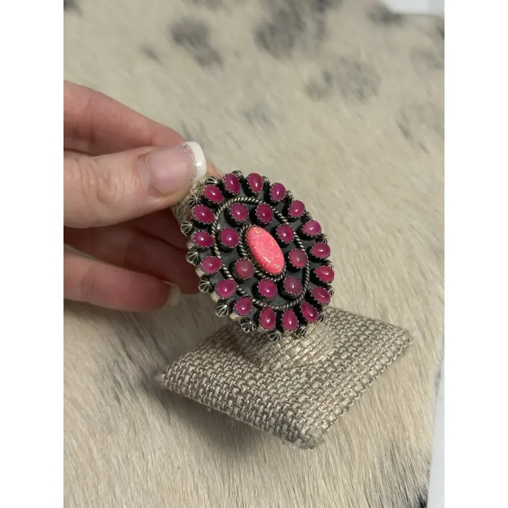 HUGE Sterling Silver Pink Onyx & Pink Fire Opal Flower Cluster Ring 925 Adjust
